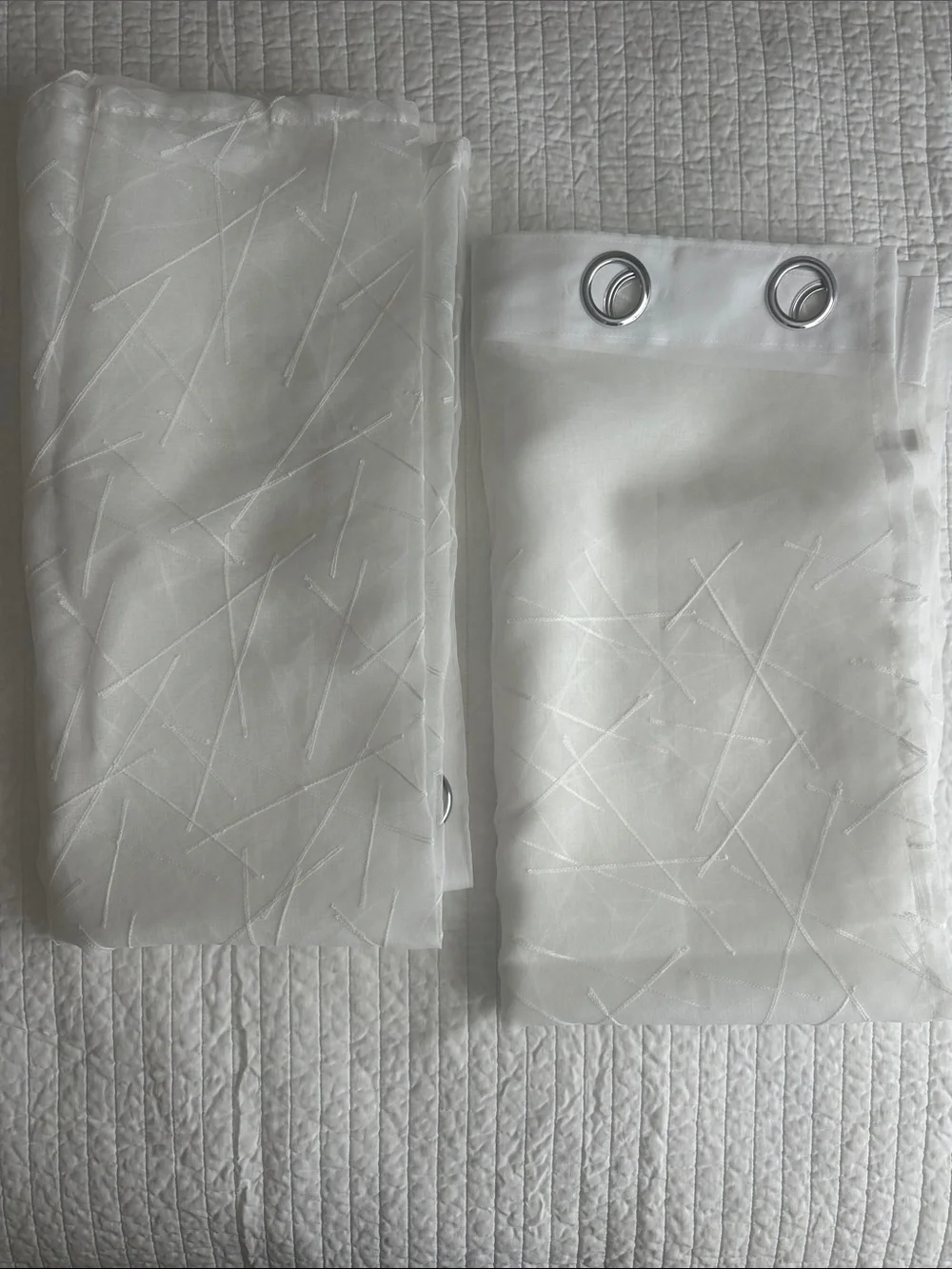 White Sheer Grommet Curtain Panels – Geometric Line Embroidery W50”x L94”